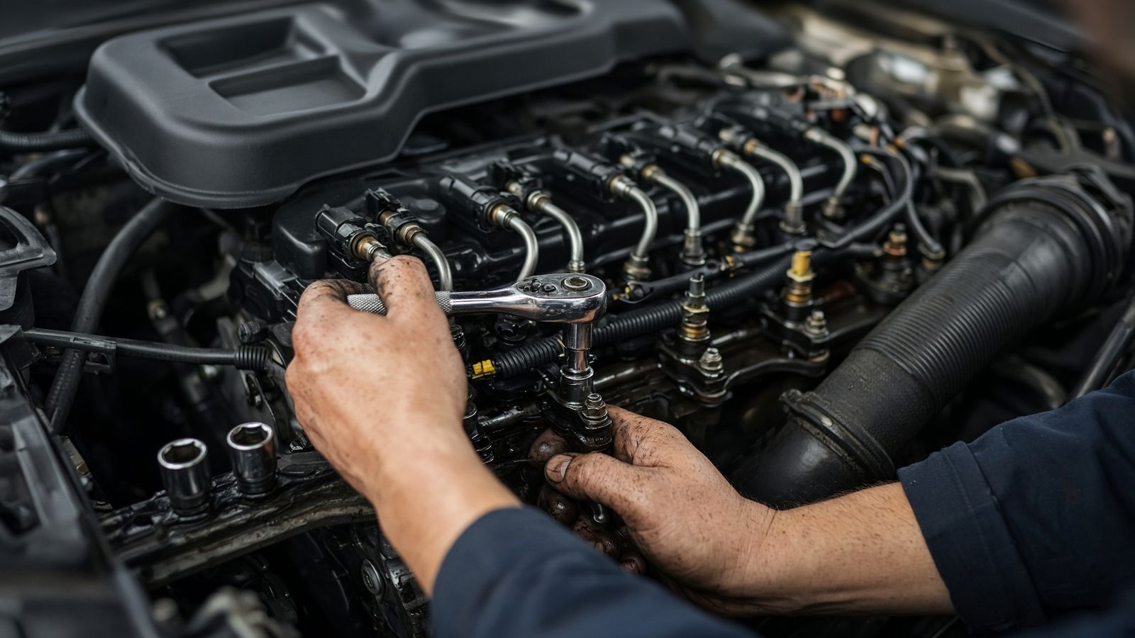 Korean vehicle engine repair - mechanic working on Korean car diesel engine at Ishashi Auto Kadawatha